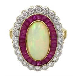 Gold oval opal calibre cut ruby and round brilliant cut diamond cluster ring, hallmarked 9ct, opal 2.50 carat, total ruby weight 1.00 carat, total diamond weight 0.75 carat