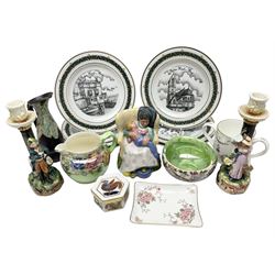 Royal Doulton Sweet Dreams figure, HN 2380, Royal Crown Derby lidded trinket box, pattern 1299, pair of majolica figural candlesticks with incised marks beneath, small ewer in the style of Bretby, limited edition The Canterbury Collection Robin Hoods Bay plates, Maling lustre and Crown Staffordshire etc