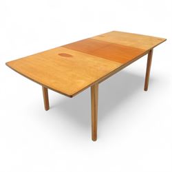 Mid-century Dutch teak extending dining table, rectangular top with lightly chamfered edge...