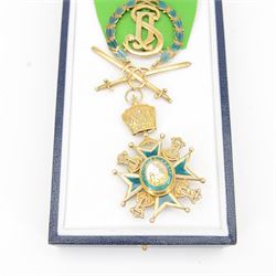 Military and  Hospitaller Order of St. Lazarus of Jerusalem, Knight of Grace gilt silver and enamel neck badge, upon a green ribbon, in case