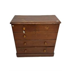 Chatsworth House - 19th century Victorian stained pine chest of drawers from Chatsworth House servant's quarters, moulded rectangular top over two short and three long drawers, plinth base. Provenance: Previously lot 1065 from the 