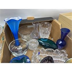 Large quantity of glassware to include art glass, decanters, jugs, vases, glass animals, bowls etc in four boxes