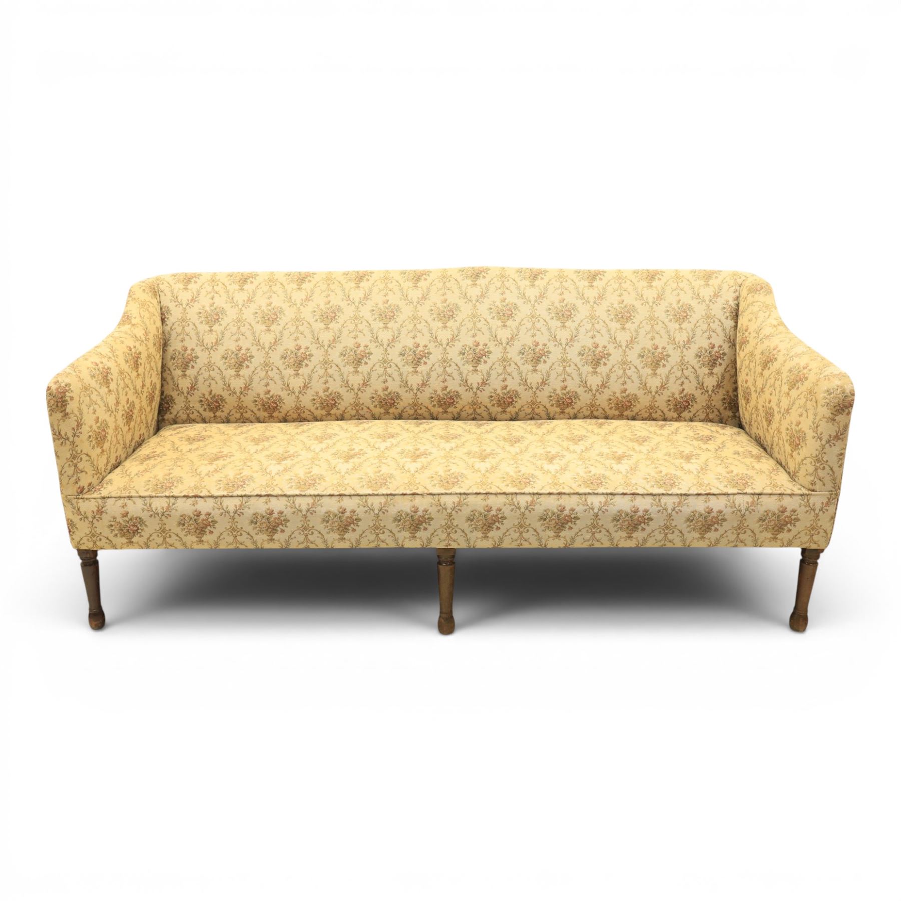 George II mahogany framed settee, beige foliate upholstery with padded sides, downswept arms with sprung seat and back, raised on six turned supports