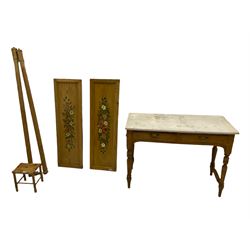 Edwardian pine washstand, white marble top; two painted pine panels, two fluted columns and bambooo stool
