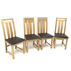  Set four solid oak dining chairs, leather upholstered seats, square supports, W46cm.  