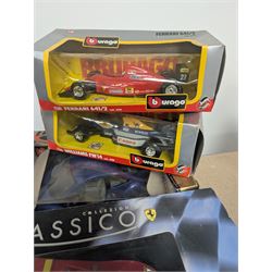 Fourteen 1:18 and 1:24 scale diecast model vehicles, including Classico Ferrari 1972 312, DX RC Lamborghini Gallardo, Maisto Silver Edition Porsche Boxter, , Bburago Williams Fw14, Bburago Ferrari 641/2, etc all boxed