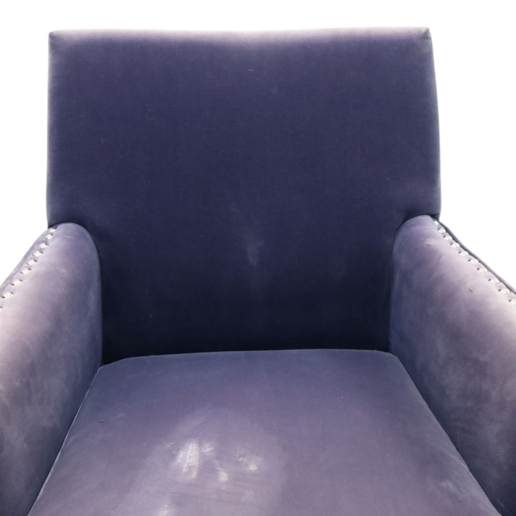 OKA - Sutcliff armchair, upholstered in purple velvet, chrome studded detailing, raised on grey stained legs