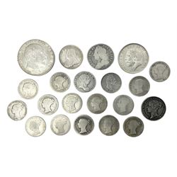 George II 1746 silver sixpence coin Lima below bust, George III 1763 silver threepence, William IIII 1837 fourpence, various other fourpence coins, Queen Victoria 1877 sixpence, King George V 1912 one shilling etc
