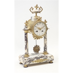  Late 19th century French gilt metal mounted grey varigated marble Portico clock, circular Arabic dial painted with floral swags, twin train drum movement stamped 'F Martin 112', striking the half hours on a bell, with sunburst mask pendulum, urn cresting and on four adjustable feet, H39cm  