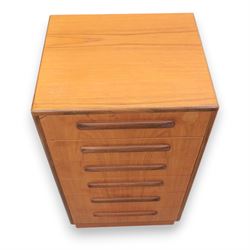 G Plan - 'Fresco' chest of drawers and mirrored dresser, chest of drawers with six drawers, dresser with four graduating drawers and swing mirror surrounded in teak, both raised on a recessed plinth base
Chest H 99cm, W 53cm, D 45cm
Dresser H 136cm, W 72cm, D 48cm