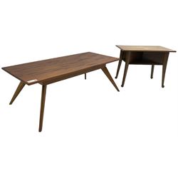 Mid-20th century afromosia and teak coffee table, rectangular top on four splayed tapering supports (109cm x 50cm, H39cm); mid-20th century hardwood side table, rectangular top with star inlay, on splayed supports (63cm x 40cm, H47cm)