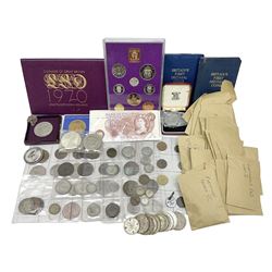 Coins, banknotes and medallions, including approximately 145 grams of Great British pre-1947 silver coins, pre decimal coinage, 1970 proof coin set in maroon card folder, Maria Theresa restrike silver thaler, ten Bank of England one pound notes etc