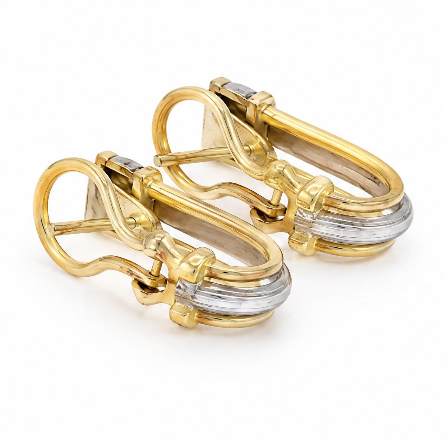 Pair of 18ct white and yellow gold half hoop stud earrings, stamped 18K