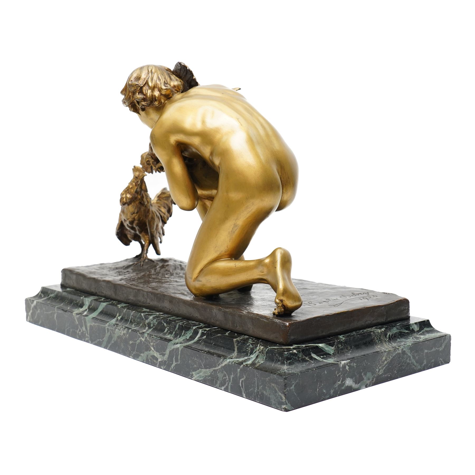 Sophie Debry (19th/20th century); 'Le Combat de Coqs' or The Cockfight, gilt bronze figural group of boy and two cockerels, signed and dated 1920, mounted on marble plinth, H28cm x W44cm