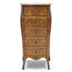 20th century Louis XV style kingwood chest, serpentine rectangular rouge marble top above five graduated drawers with ornate gilt metal handles and escutcheons, the sides inlaid with floral marquetry panels, raised on shaped cabriole supports