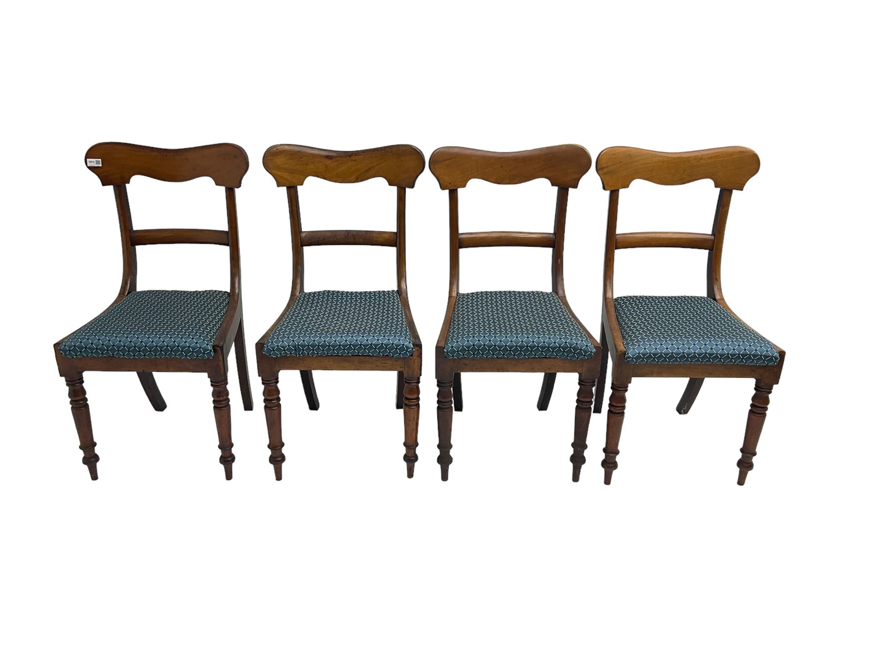 Set four Victorian mahogany dining chairs, shaped cresting rail over centre rail, seat upholstered in blue patterned fabric, raised on turned supports