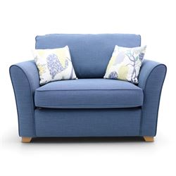 Contemporary blue small sofa bed, shaped arms with loose seat cushions, stowed bed beneath...