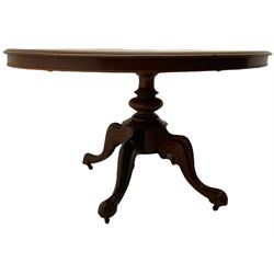 Victorian oval loo centre table, pedestal base, quadruple legs
