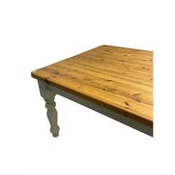 Large pine farmhouse style dining table, rectangular top on painted base, turned supports