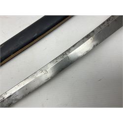 Good quality Japanese sword blade with later WWII fittings and scabbard  - 67.5cm slightly curving blade with unmarked tang, plain iron tsuba and lacquered grip with copper mounts; in lacquered wooden scabbard with tape bound tip L94cm overall