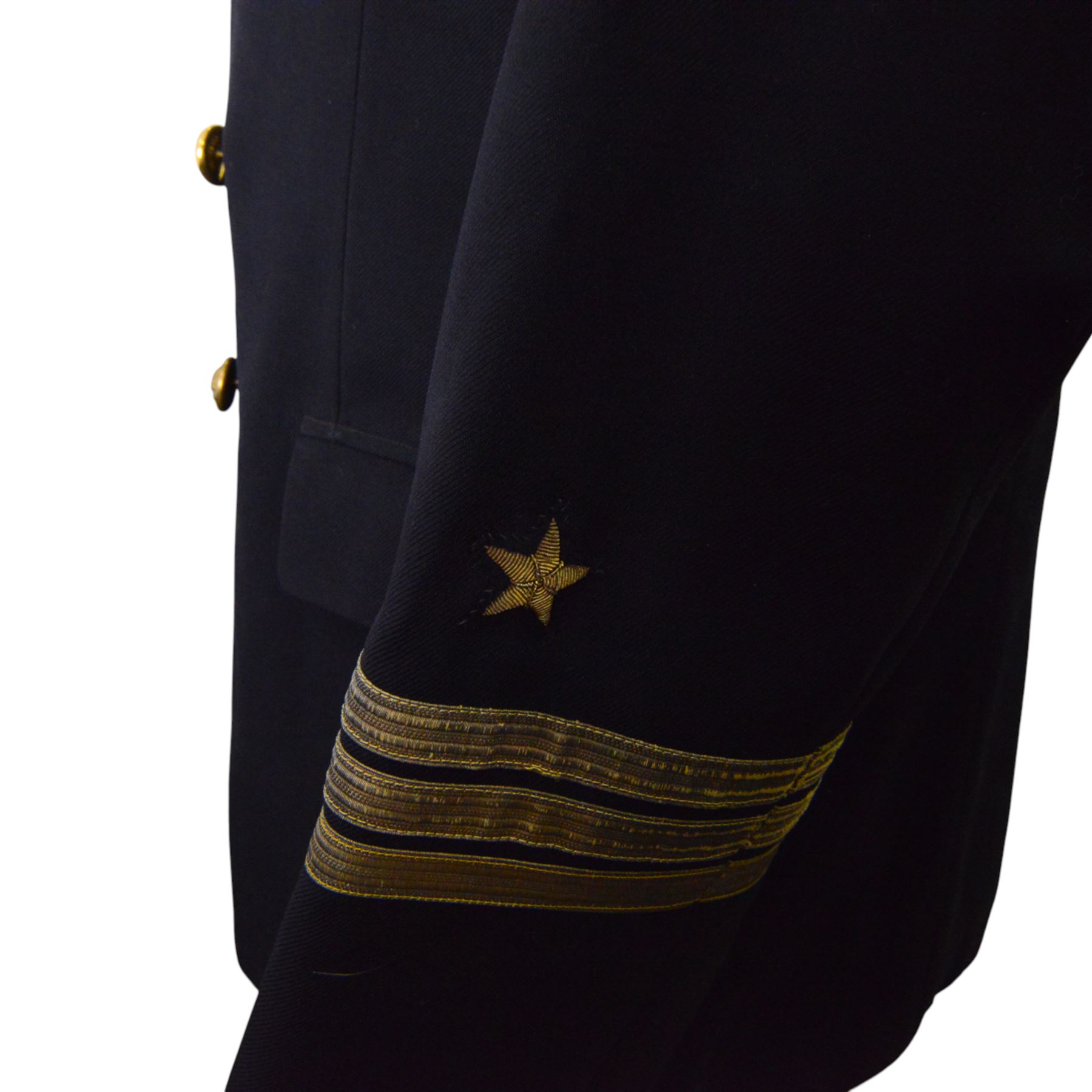 German World War II Kreigsmarine navy blue jacket by Ernst Brendler, Hamburg, with ribbon band, National Emblem and  anchor brass buttons