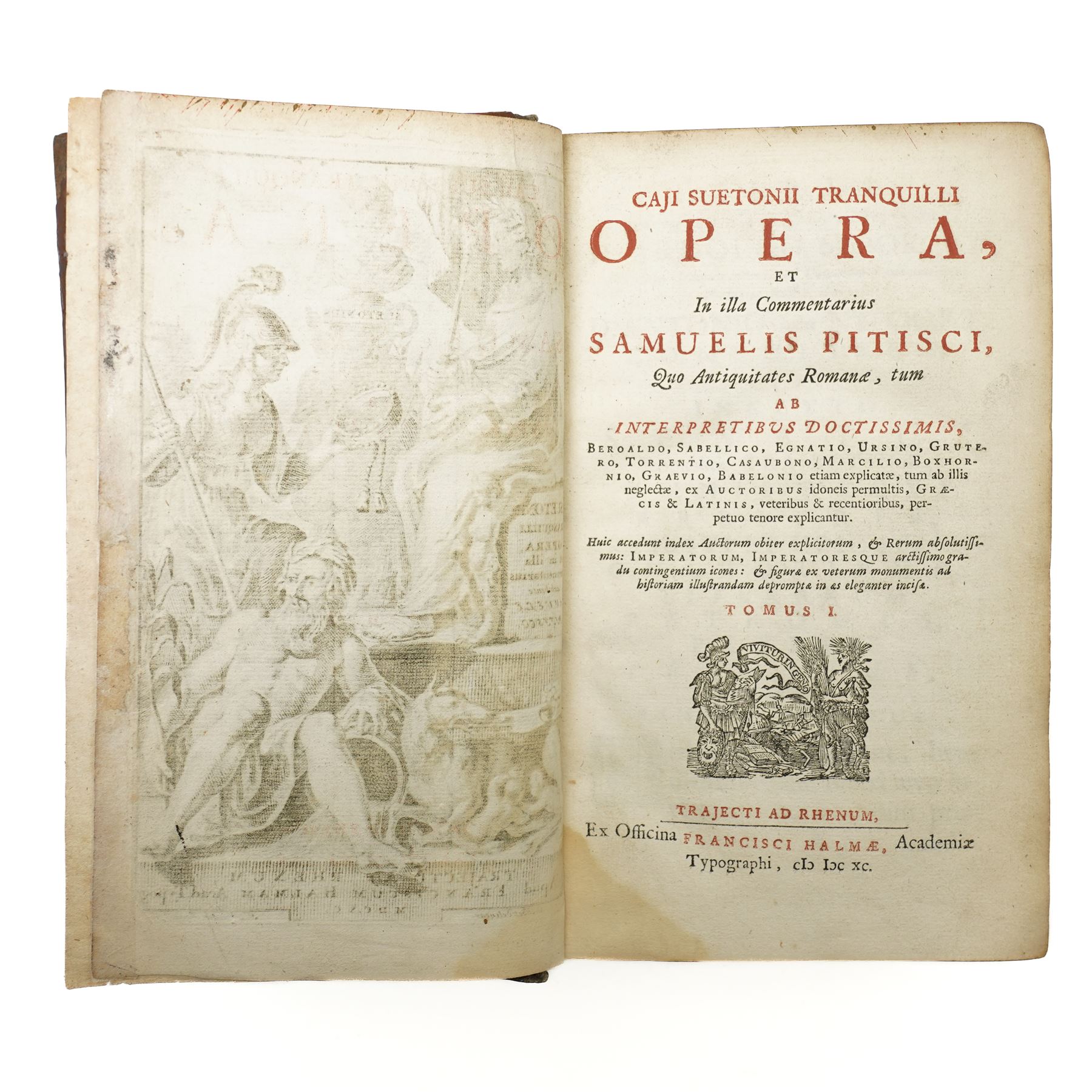 Suetonius Caius Tranquillus – 'Opera' with commentary by Samuel Pitiscus, published Utrecht: Franciscus Halma, 1690, First edition. An exceptional association copy, inscribed on the endpapers by Sir William Hamilton: “William Hamilton / Napoli,” and by Lady Emma Hamilton, who dates her signature “1797.” A further inscription reads, “Given me by my dear Sir William / Napoli,” a reference to the time when both Hamiltons were in Naples in 1797, during the height of their celebrated association with Horatio Nelson. Bound in full calf, with ribbed spines and gilt lettering.

Provenance: The Library of Sir William Hamilton; Lady Emma Hamilton; by descent to a cousin in Edinburgh (according to a memorandum by Andrew Baxendine, bookseller, 1892); later handled by George Bayntun, Bath (letters dated 1985 present).
The 1690 Utrecht edition, with Samuel Pitiscus’s seminal commentary, was a landmark in classical scholarship and perfectly reflects Sir William Hamilton’s deep antiquarian interests, particularly in Roman history.