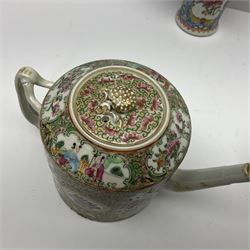 Two Chinese Famille Rose teapots, decorated in polychrome enamels with panels of birds amongst peonies and figural scenes, together with a collection of similar Chinese Famille Rose ceramics