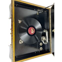 Early 20th century Chinoiserie lacquered gramophone cabinet, the lid decorated with raised gilt work, traditional landscape and figural scenes, fitted with 'Apollo' 'No. 114' gramophone, cupboards below, on cabriole supports