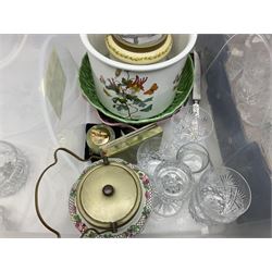 Portuguese Faiancas Belo pottery majolica cabbage leaf dish, together with a similar example, Royal Doulton plate, Portmeirion plant pot, glassware, two silver topped bottles etc, in two boxes  