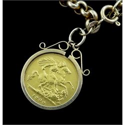Queen Victoria 1900 gold half sovereign coin, loose mounted in 9ct gold pendant, on 9ct gold belcher link chain bracelet, hallmarked