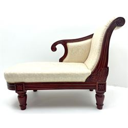 Chaise Lounge settee, serpentine raised back, upholstered in floral patterned fabric, carved detail, turned supports 