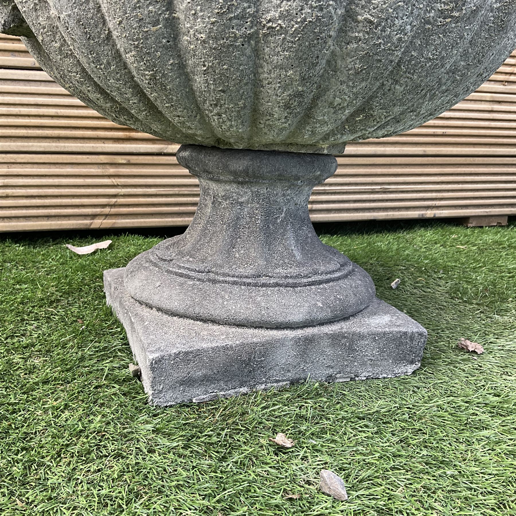 Pair of squat cast stone garden urns, with handles on pedestal  base, D50, H45 - THIS LOT IS TO BE COLLECTED BY APPOINTMENT FROM DUGGLEBY STORAGE, GREAT HILL, EASTFIELD, SCARBOROUGH, YO11 3TX