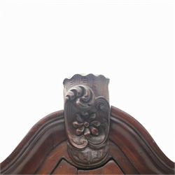 Late 19th century Continental bombe cabinet on chest, shaped moulded cornice with carved cresting, the upper section enclosed by a pair of arched glazed doors with astragal glazing revealing a shelved interior, the lower section fitted with four graduating drawers with rococo-style metal handles, serpentine front and sides, raised on scroll and paw feet