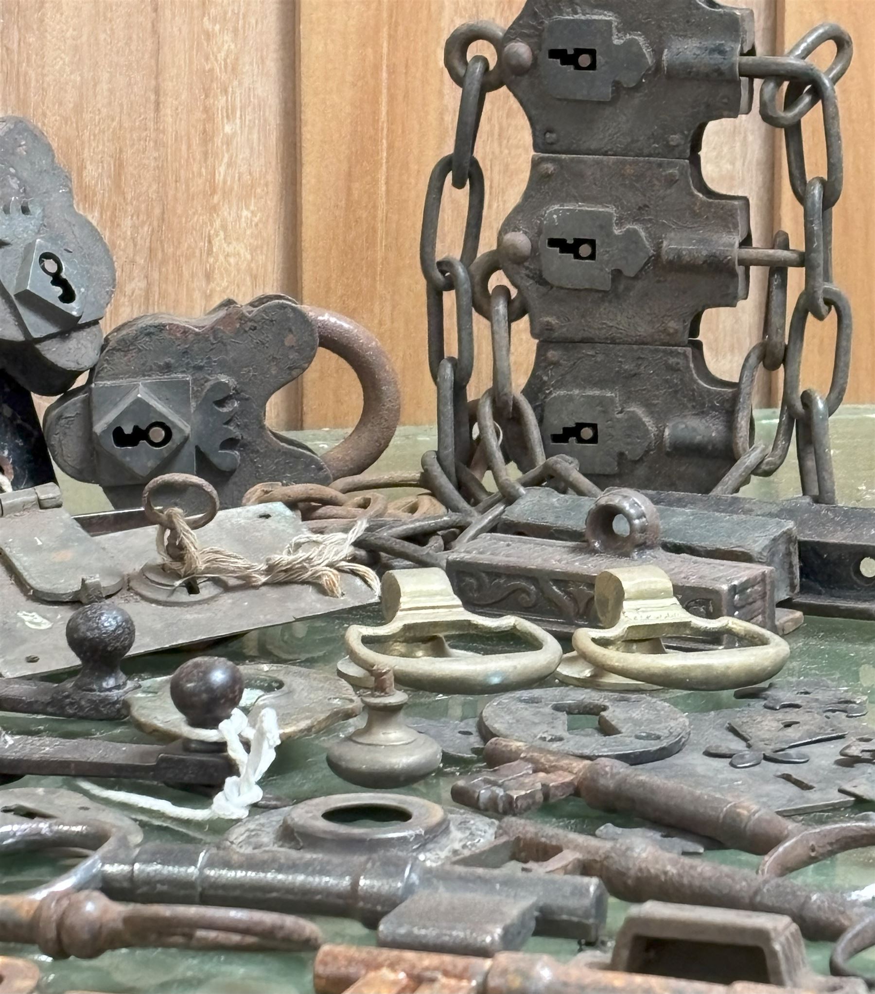 Victorian Edwin Cotterill's patent lock with key, a set of three 19th century chain padlocks, two W.E.Colt patent latch locks, a brass plaque engraved Gibbons London, six antique keys, etc.  - COLLECTION BY APPOINTMENT FROM: The White House, Thirsk Road, Easingwold, York, YO61 3NF - CALL 01723 507111 TO ARRANGE