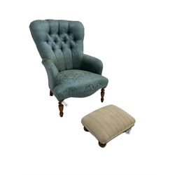 Victorian style bedroom chair in buttoned upholstry and a rectangular upholstered footstool