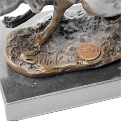 Bronze figure group, modelled as two hares in chase, after 'Nick', with foundry mark, upon a rectangular base, H11cm L15cm