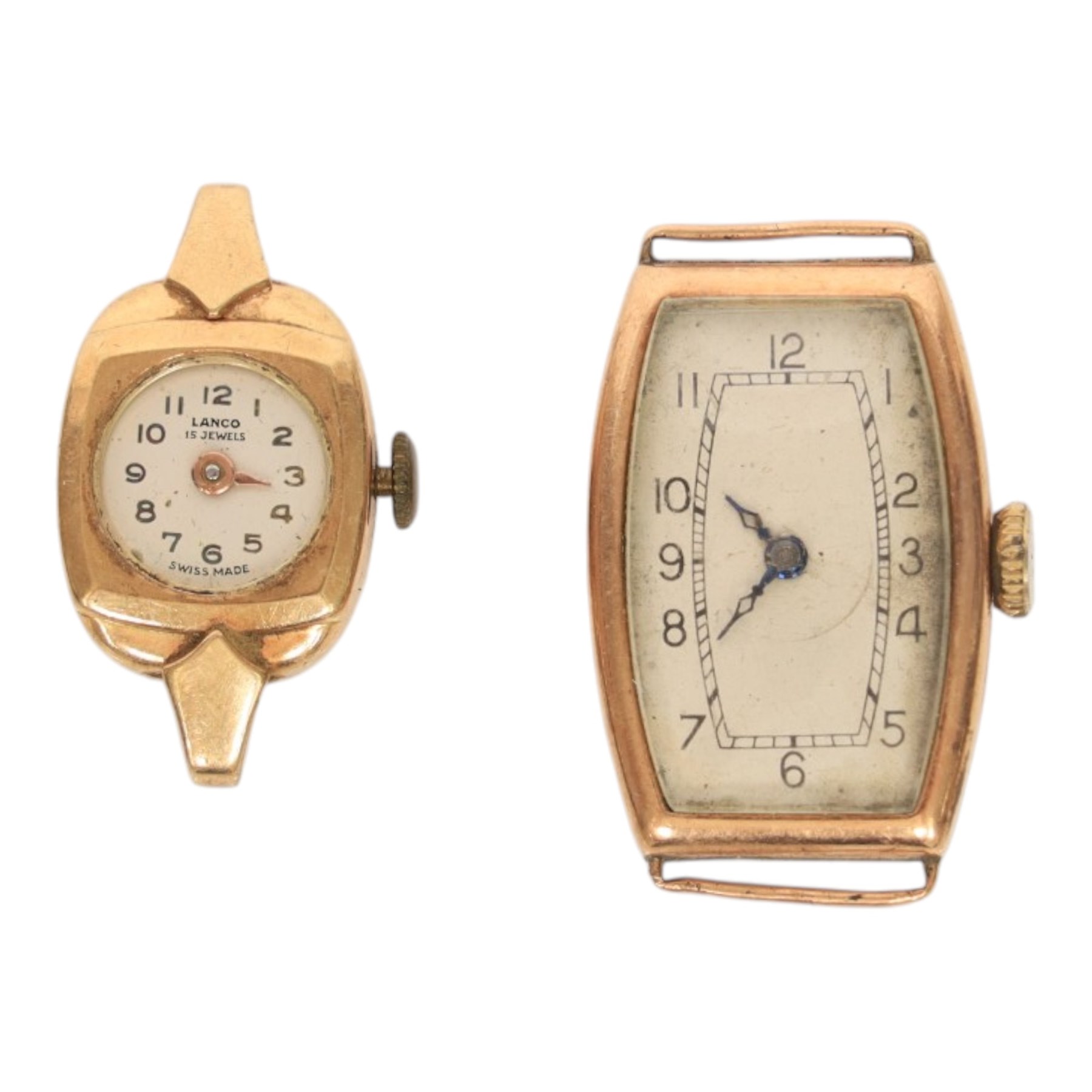 Collection of 9ct gold wristwatch cases, three with movements, one with 9ct gold bracelet strap