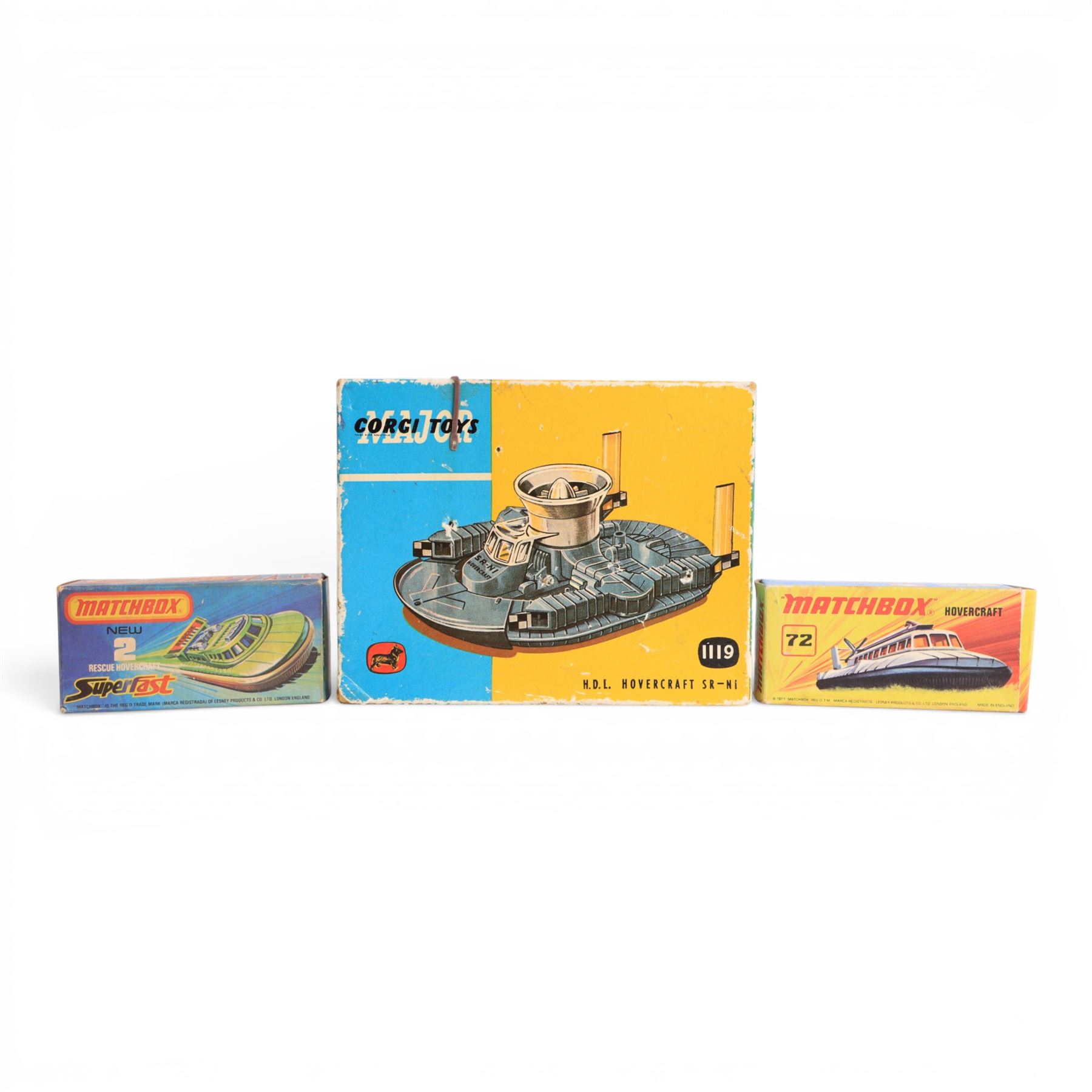 Corgi Major Toys diecast H.D.L Hovercraft SR NI no. 1119, together with Matchbox Superfast 75 Rescue Hovercraft and Matchbox Superfast Hovercraft no. 72, all boxed