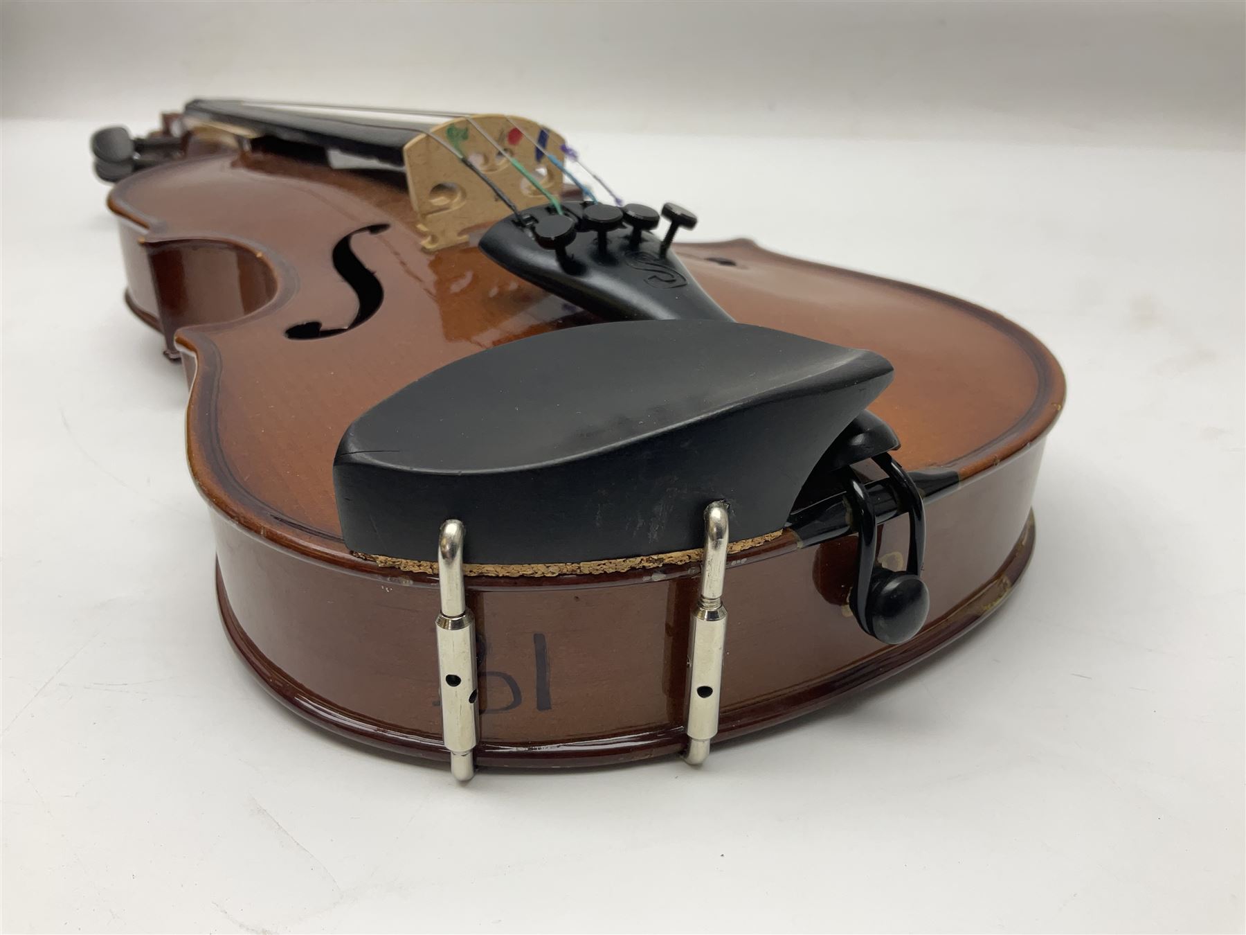 Three Stentor Student violins - three-quarter size with 33cm two-piece back; and two quarter size each with 28cm two-piece back; each in carrying case with bow (3)