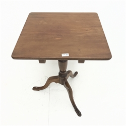 Victorian mahogany pedestal table with square top, single turned column, three supports, W55cm, H72cm, D55cm
