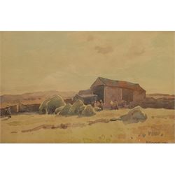 Fred Lawson (British 1888-1968): Workers Gathering Hay, watercolour signed 17cm x 25cm