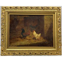 Paul Henry Schouten (Belgian 1860-1922): Chickens in a Barn, oil on canvas laid on panel signed 25cm x 34cm
