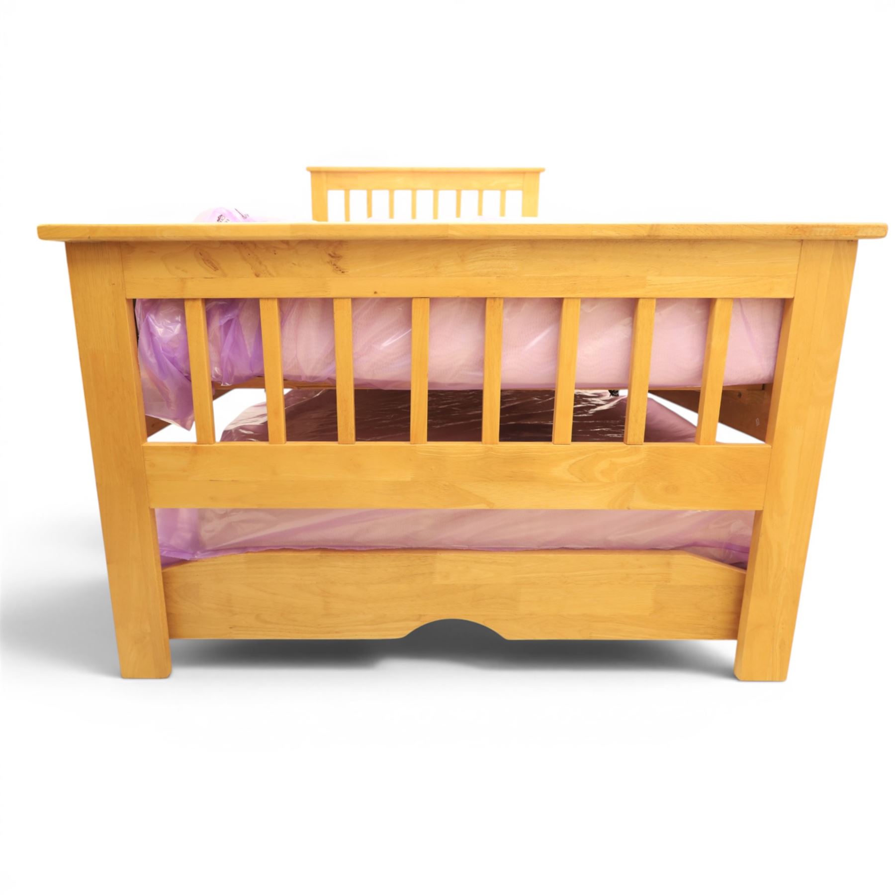 Contemporary light oak trundle bed, slatted headboard and footboard,  incorporating pull-out trundle bed on castors, complete with two memory foam mattresses