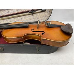 German trade violin c1900 with 36cm one-piece maple back and ribs and spruce top L59cm overall; in ebonised wooden 'coffin' case with bow