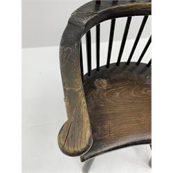 Primitive style elm and oak comb back Windsor armchair, the eared cresting rail over high stick back, concaved elm seat on plain supports joined by H stretcher, green paint finish 