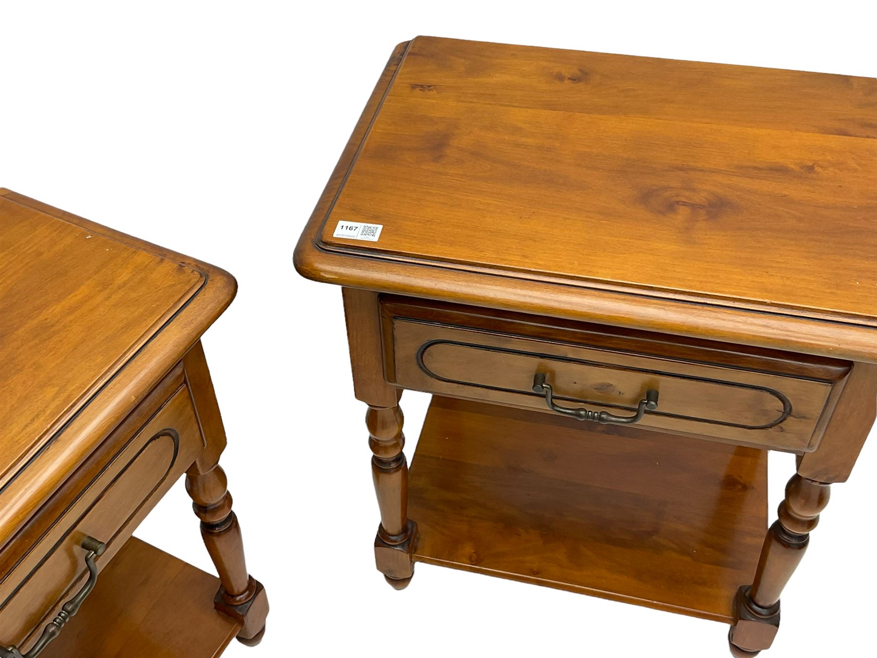 Ponsfords of Sheffield - Pair of French cherry wood bedside lamp stands, fitted with single drawer and under-tier