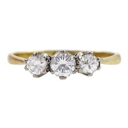 Mid 20th century 18ct gold three stone round brilliant cut diamond ring, the shank dated '13/7/49', total diamond weight approx 0.40 carat, boxed
