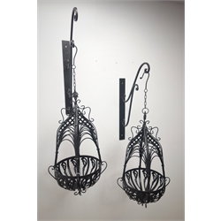 Pair black finish metal wirework hanging baskets with brackets, W36cm, H91cm