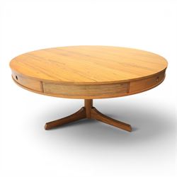 Robert Heritage for Archie Shine - mid-20th century santos rosewood drum table, circular top with four drawers with recessed handles, receded elements, raised on a cylindrical support with three legs
