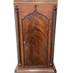 Nathaniel Dumville of Stockport - 8-day brass inlaid mahogany longcase clock c1840, swans neck pediment with ball and spire finials and wooden paterae, recessed break arch hood door flanked by rope twist pilasters, trunk with conforming pilasters and gothic ogee topped door, canted plinth raised on bracket feet, fully painted break arch dial with moon work and spandrels depicting the four seasons, centre with Roman numerals, minute track, subsidiary date and seconds dials, matching stamped brass hands, four pillar movement with an anchor escapement, rack striking on a bell. With weights and pendulum.
The Dumville family were prevalent Cheshire clockmakers working in Stockport 1820-42.
